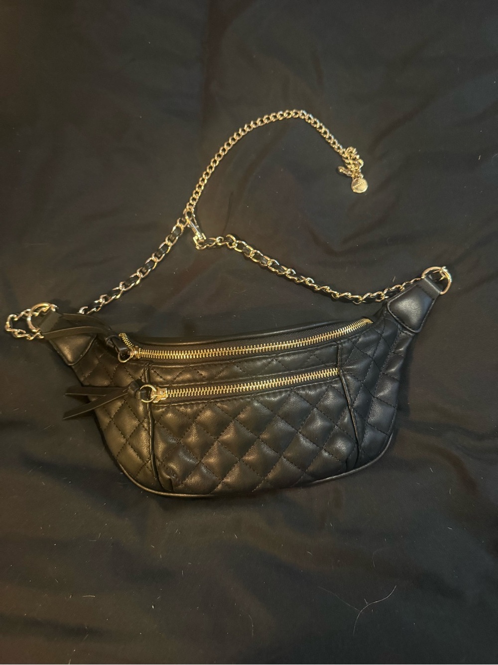 Express Black Quilted Crossbody Belt Bag with Gold Chain